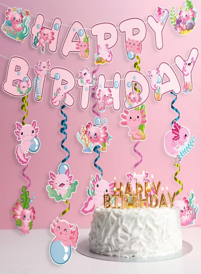 iPartyGo Axolotl Happy Birthday Banner - 12PC Pink Birthday Decor Backdrop Sign Party Supplies Set Cute Animals Photo Background Supplies Hanging Swirls Decorations Girls Boys Women Men Children Kids - Image 2